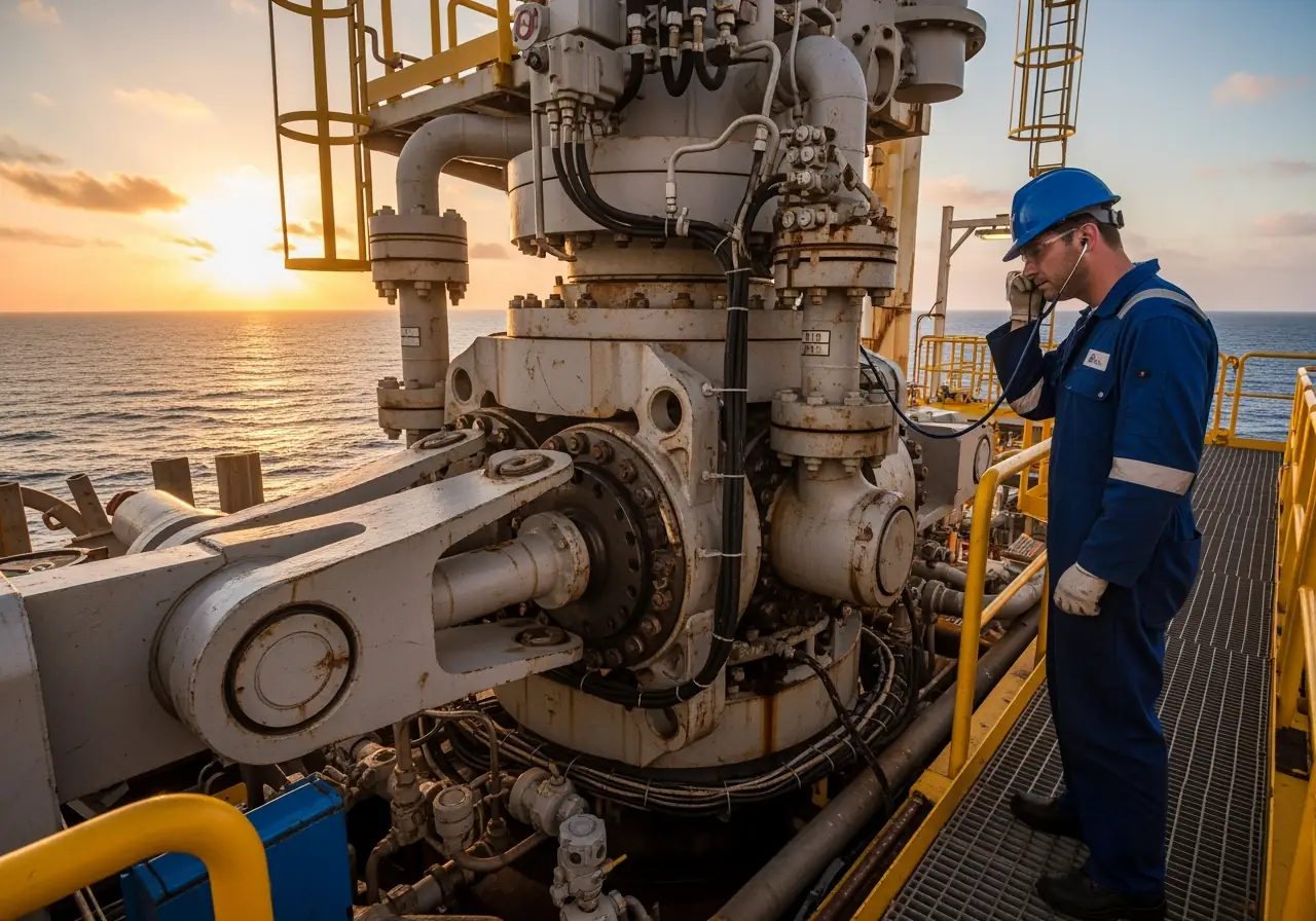 FPSO swivel system inspection with engineer using stethoscope.