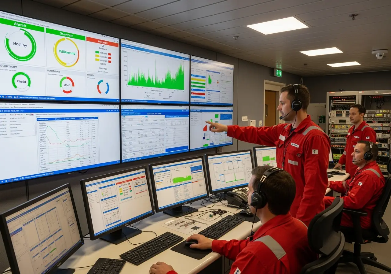 Predictive maintenance monitoring in FPSO control room with data dashboards.