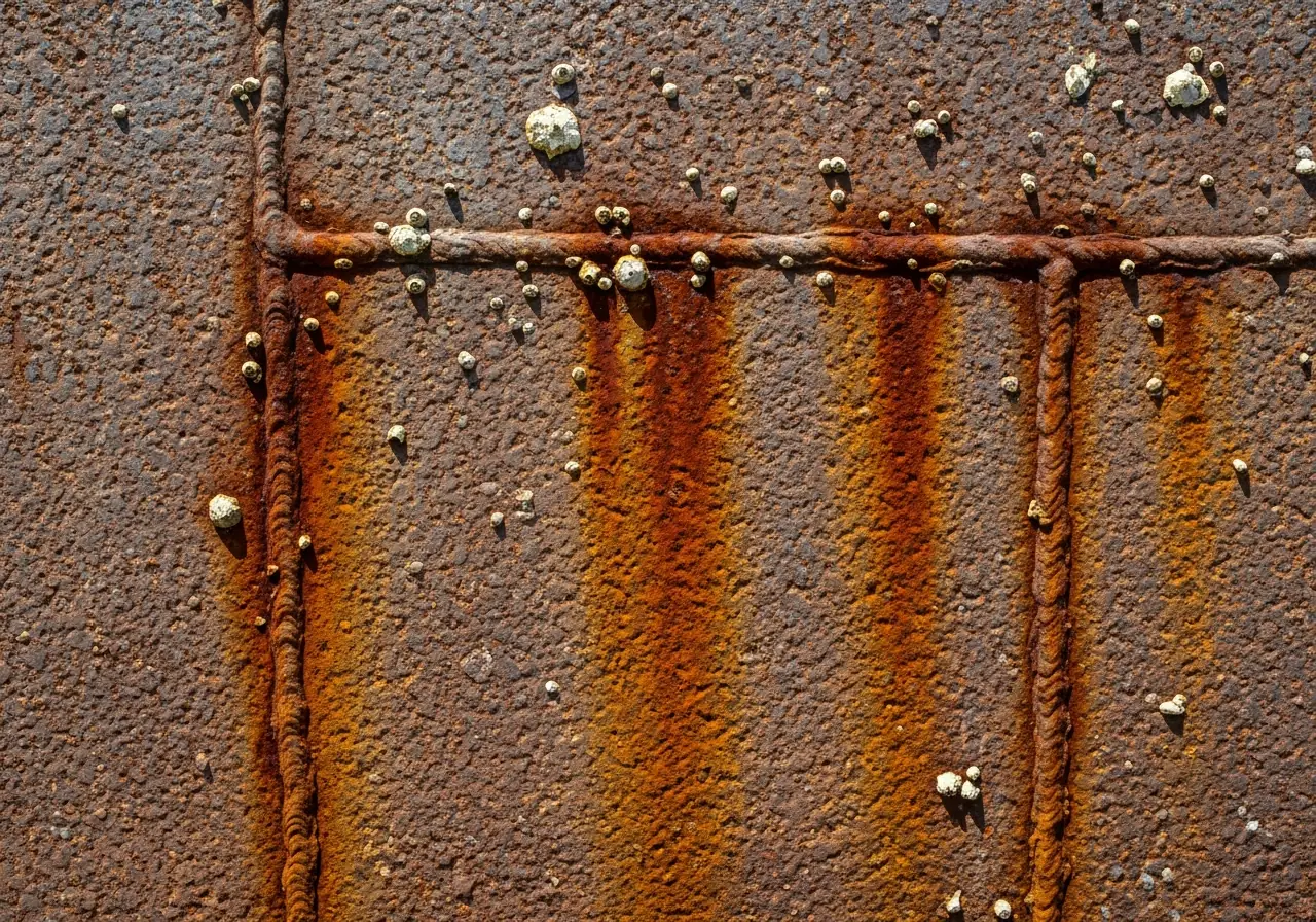 Close-up of FPSO hull steel plates with visible pitting corrosion and rust streaks.