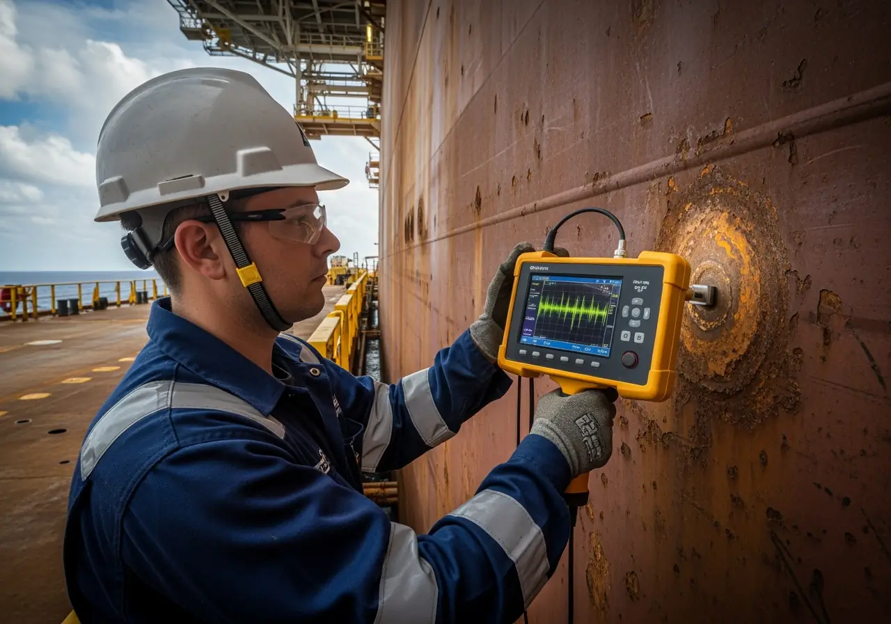 Engineer using ultrasonic testing device on FPSO hull for corrosion detection.
