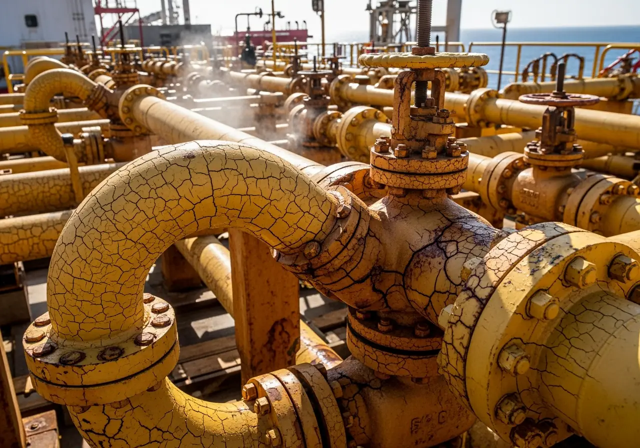 Cracked protective coating on FPSO topside pipeline from thermal cycling.