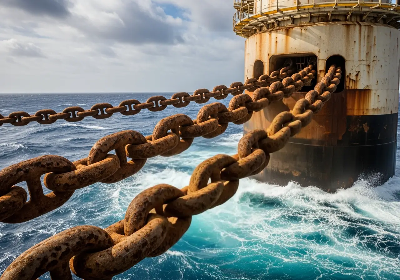 FPSO mooring chain links with visible wear and turret connection.