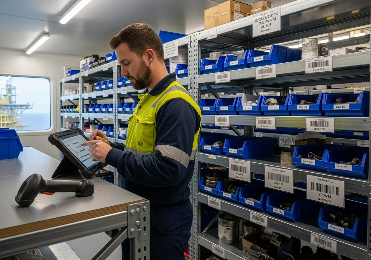 Technician using CMMS software to track FPSO spare parts inventory.