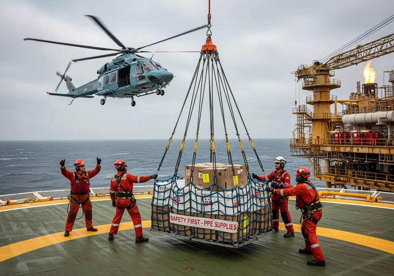 Offshore oil rig workers receiving PPE delivery via helicopter cargo net.