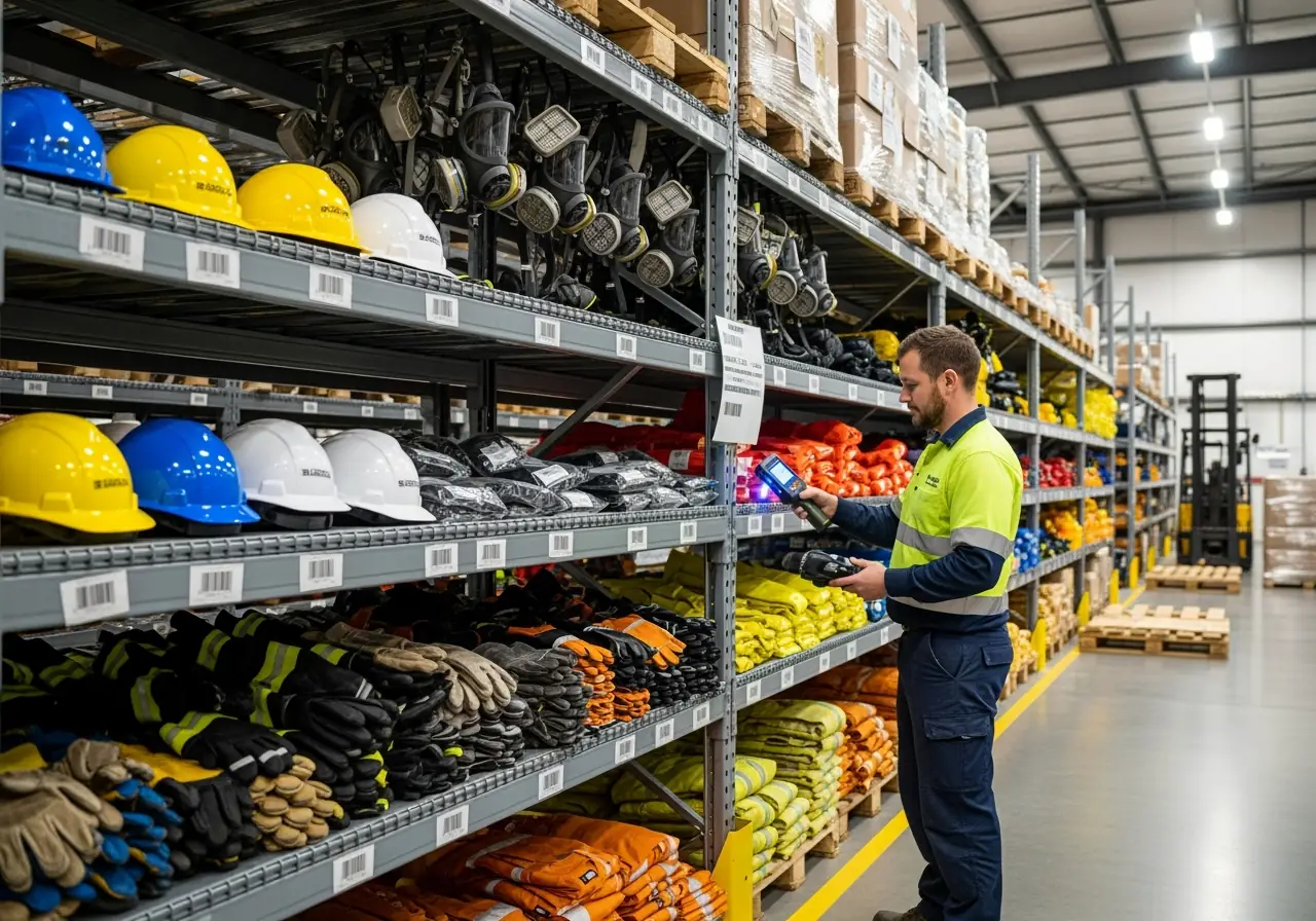 Inside a regional PPE warehouse with oil rig safety equipment and RFID scanning.