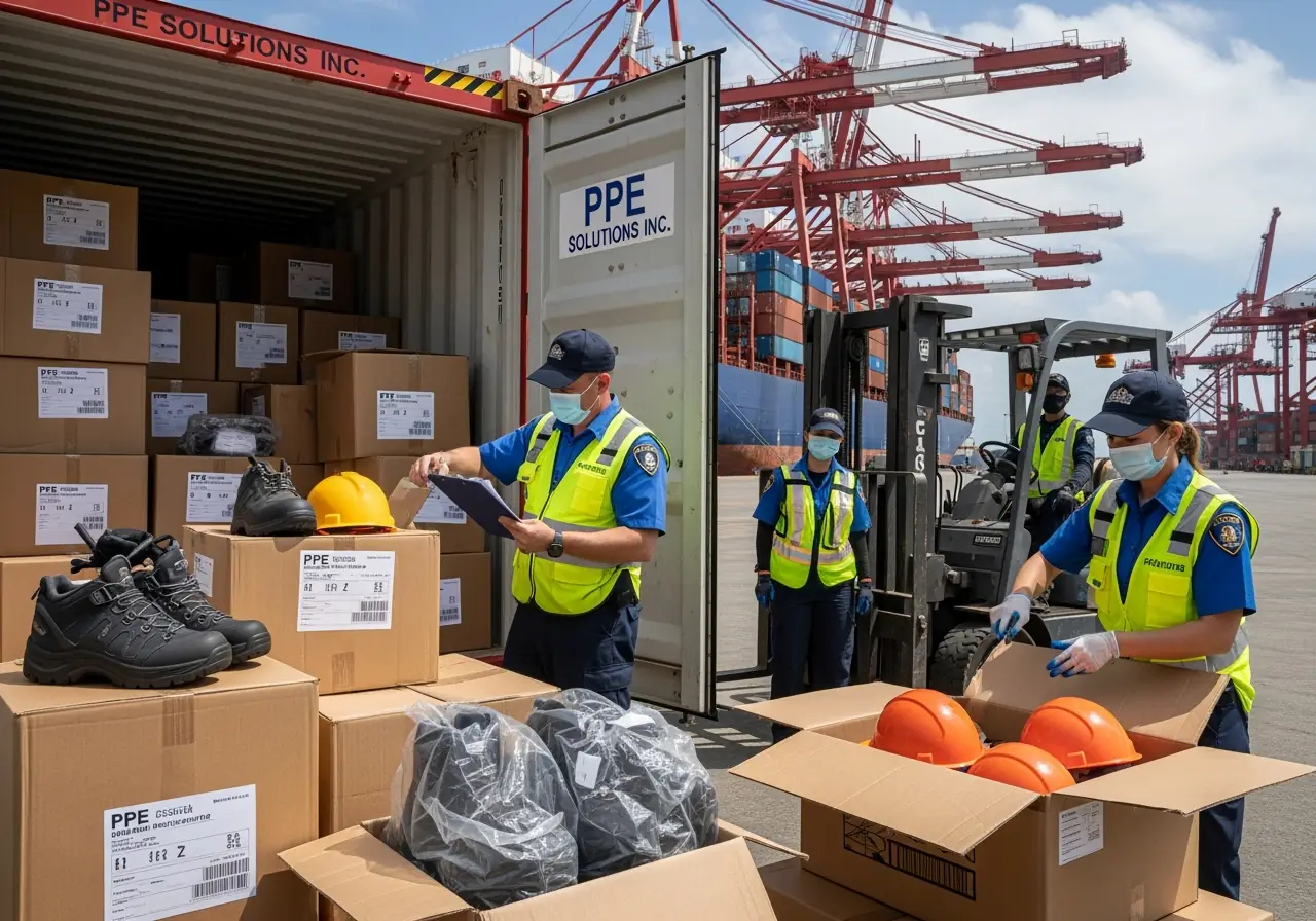 Customs officers inspecting PPE shipments at port before offshore delivery.