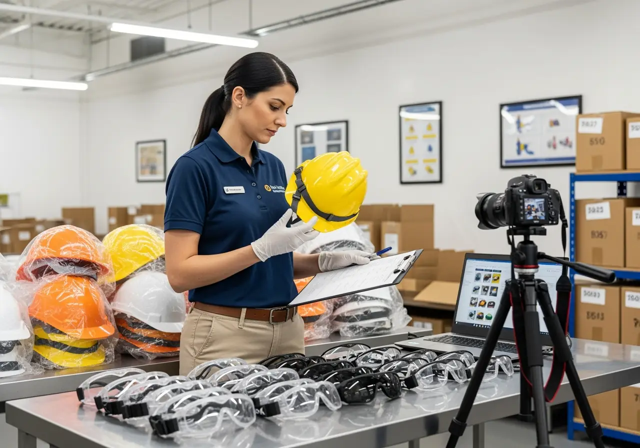 PPE quality control officer inspecting safety gear before offshore shipment.