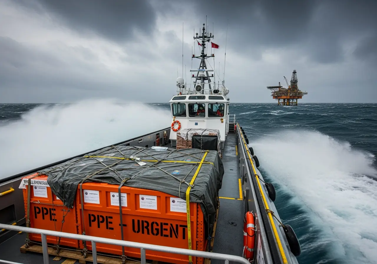 Fast offshore supply vessel delivering urgent PPE to oil rig.
