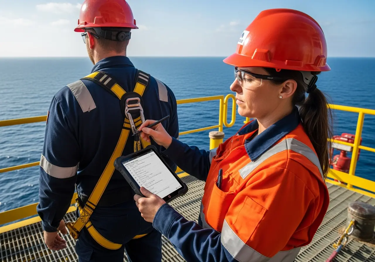 Compliance officer auditing PPE use and safety gear on offshore oil rig.