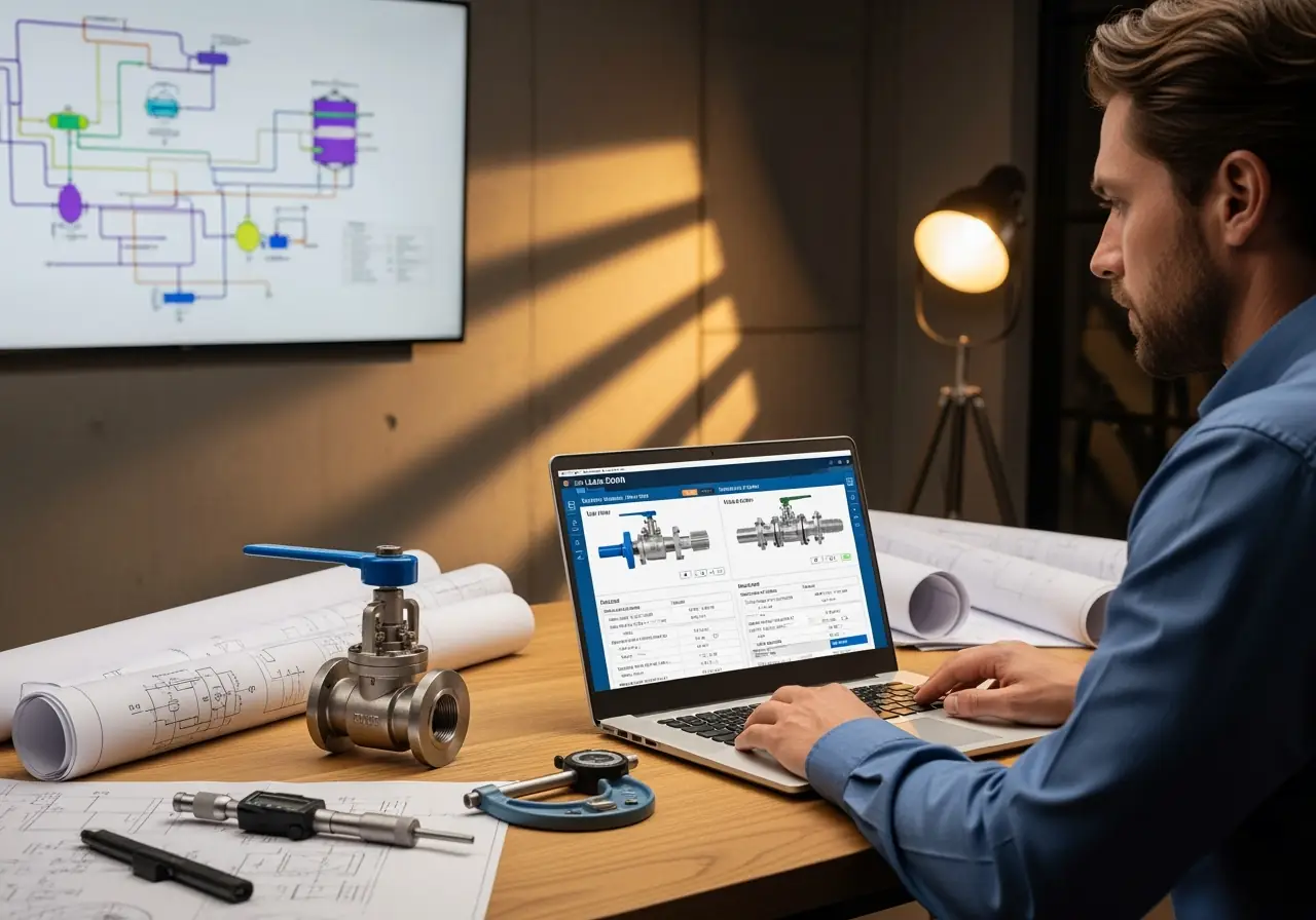 Engineer calculating valve Cv with ball and needle valves for pipeline system.
