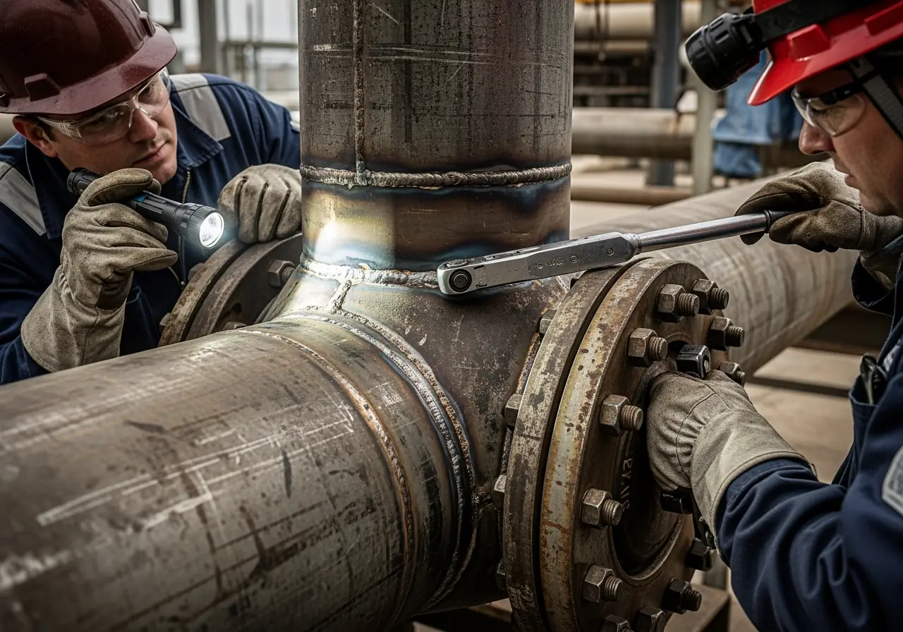 Worker inspecting welded and flanged valve end connections in pipeline system.