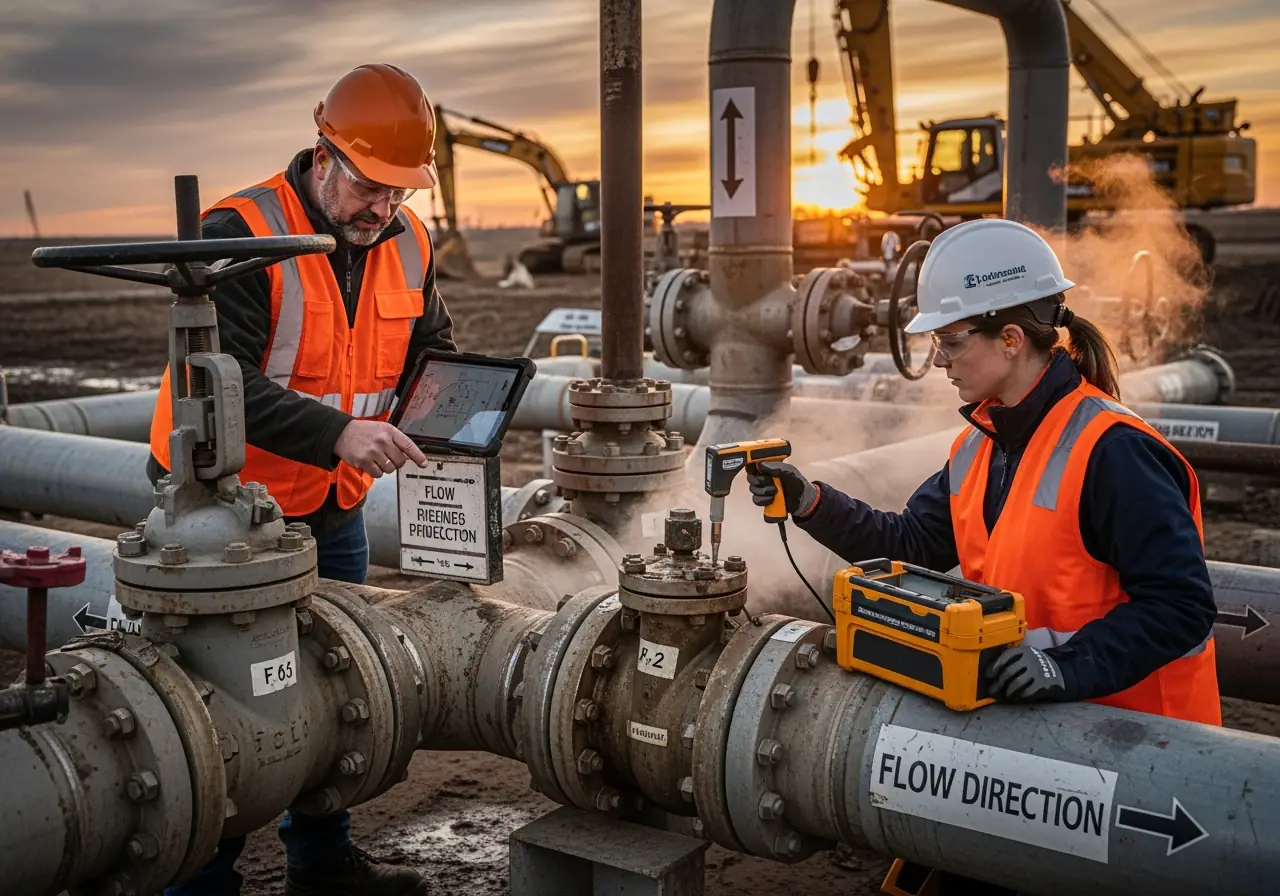 Engineers performing QA inspection on installed certified pipeline valves.