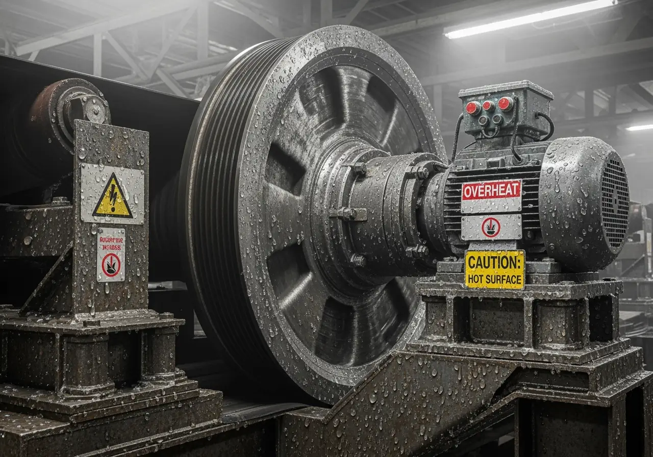 Underground conveyor drive pulley with condensation causing belt slippage.
