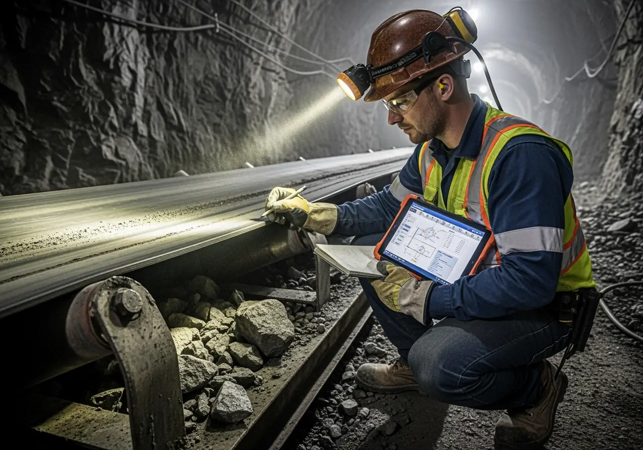 Mining technician performing daily conveyor belt inspection underground.