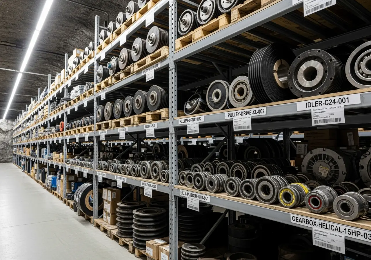 Storage shelves with standardized conveyor parts for mining operations.