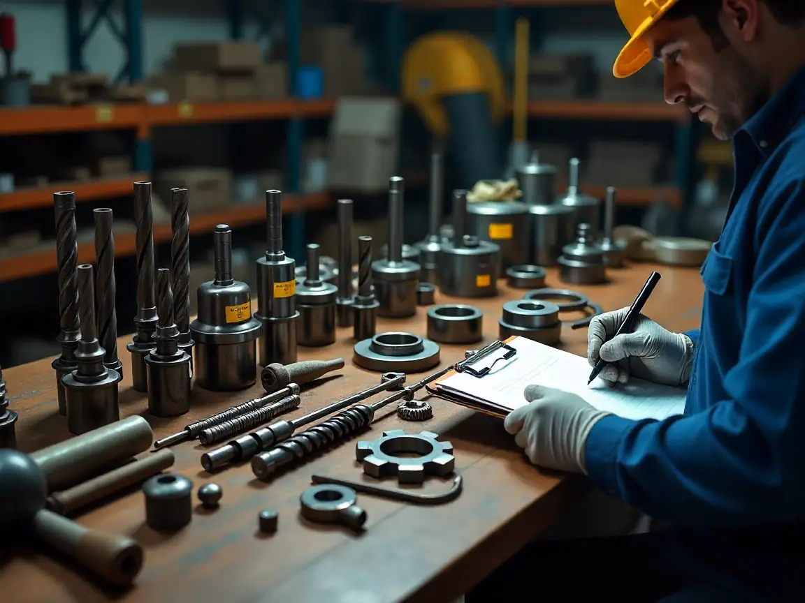An assortment of drill rig consumables including bits, rods, hammers, and sensors displayed on a workbench for sourcing analysis.