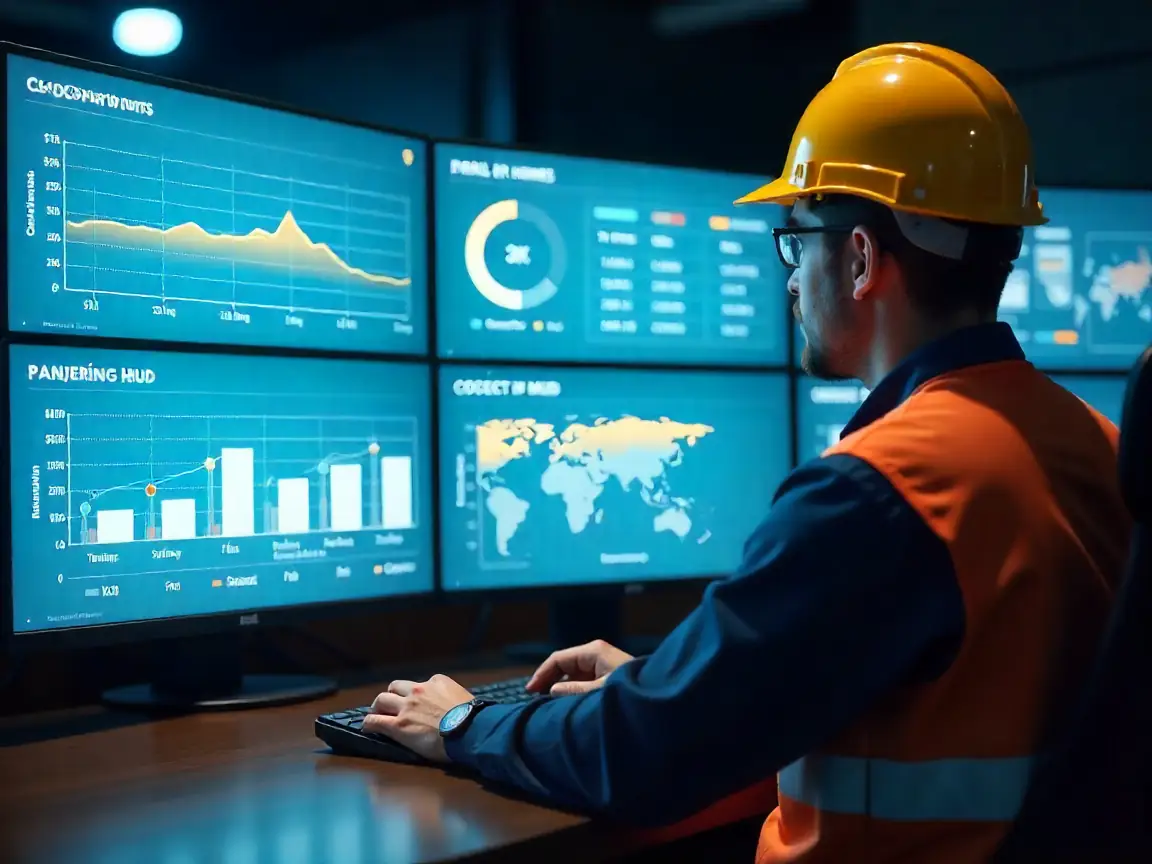 Engineer reviewing drill rig consumable consumption data on digital dashboards.