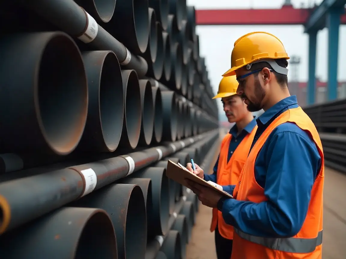Engineers inspecting drill rig pipes in a manufacturing yard during international supplier evaluation.