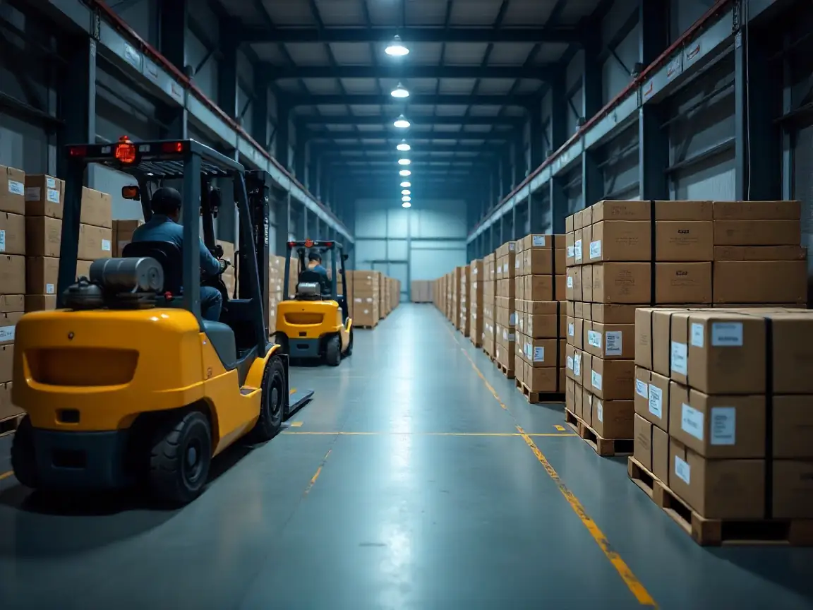 Bundled drill rigs, drill strings, and spare parts in a warehouse with barcode tracking.