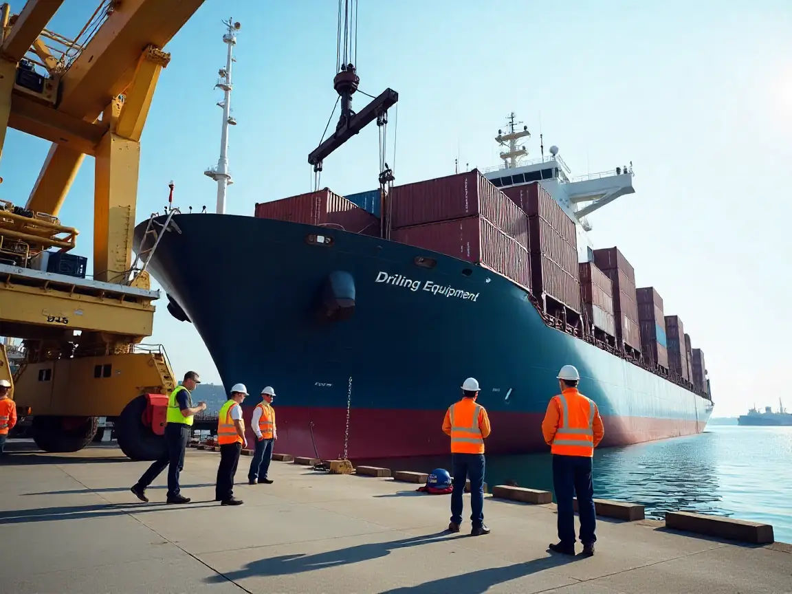 Cargo ship being loaded with containers of drill rig consumables under customs supervision.