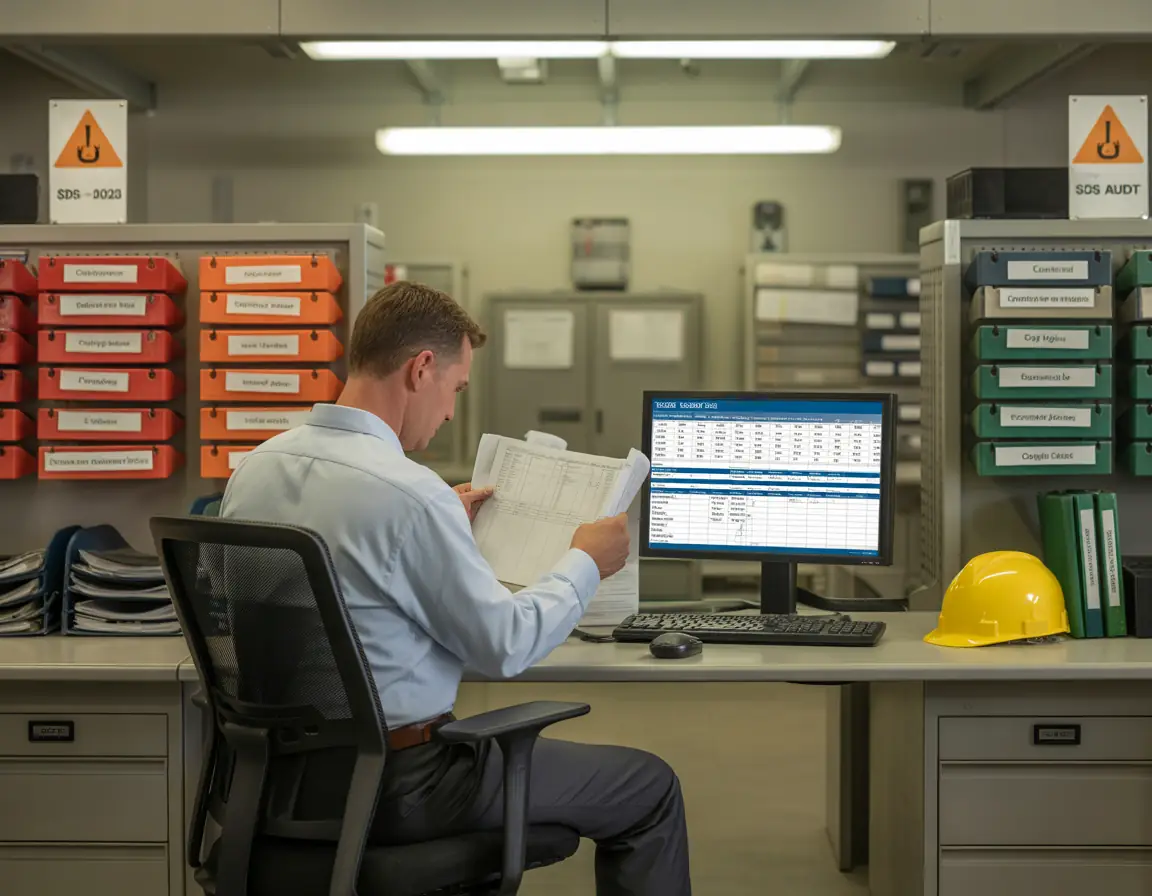 Safety officer reviewing SDS documents and digital compliance logs for blasting materials in an industrial site office.