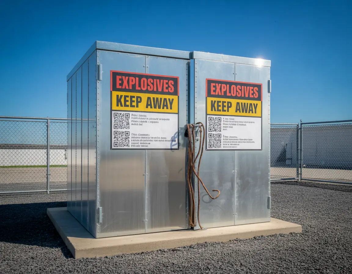 Metal explosive storage magazine with QR-code hazard labels and grounding cables in a secured outdoor area.