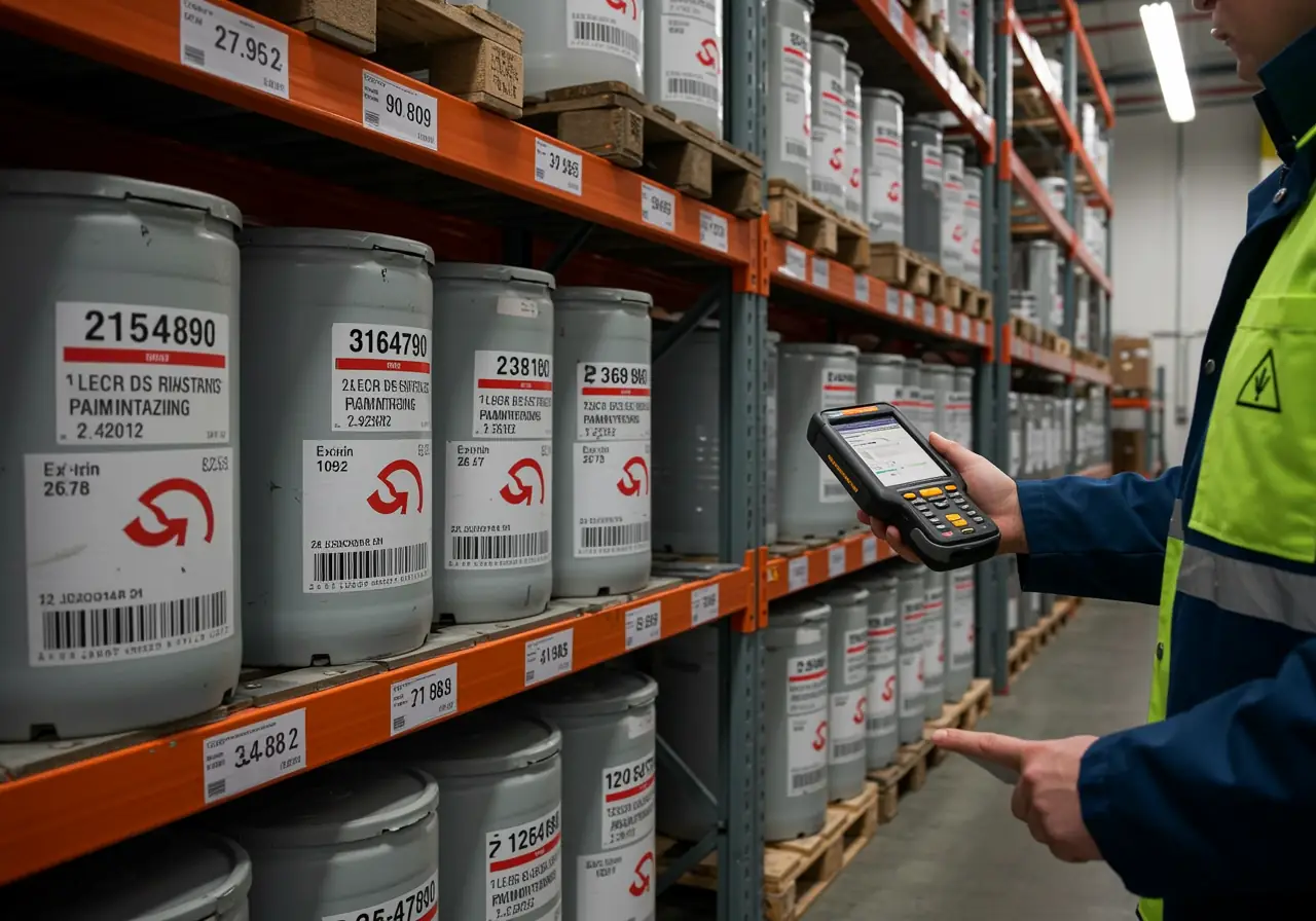 Warehouse technician scanning barcodes to track shelf life of blasting materials in a ventilated storage area.