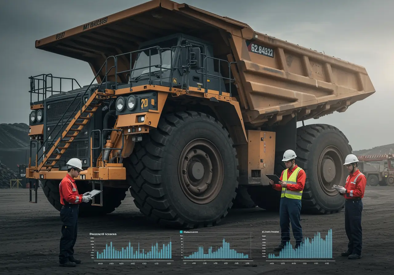 Maintenance team inspecting a haul truck engine at a mining site with cost data displayed on a tablet.