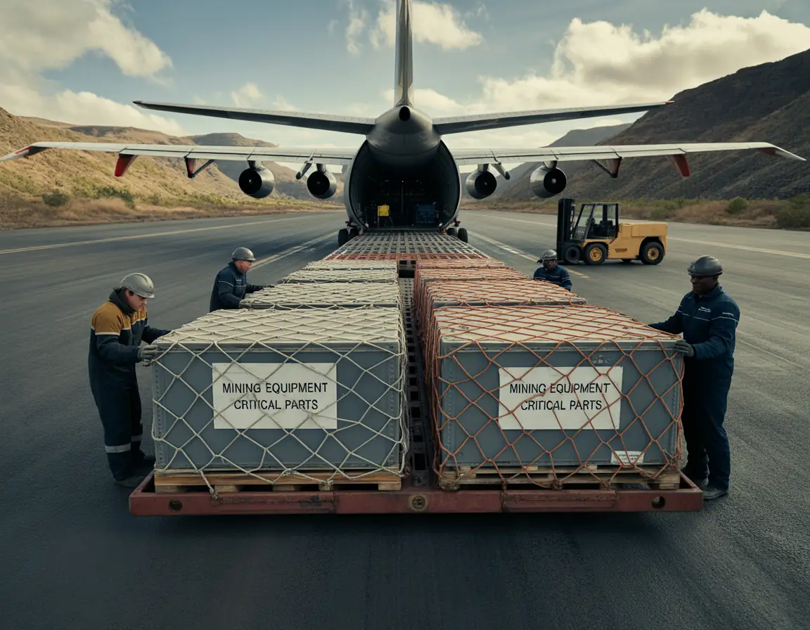 Cargo aircraft loading mining parts for urgent delivery to remote mine site.