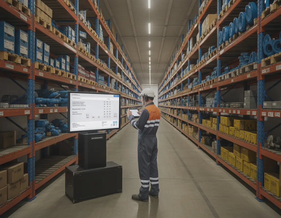 Mining parts warehouse with labeled consignment stock shelves and technician using digital inventory software.