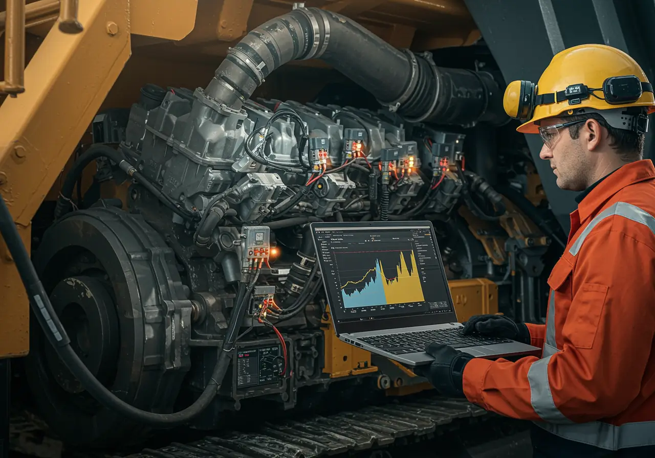 Engineer analyzing predictive maintenance data from sensors installed on a mining haul truck engine.
