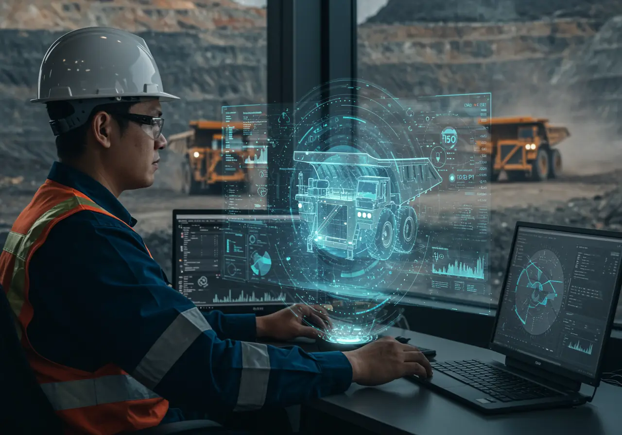 Mining engineer analyzing digital twin model of a haul truck with real-time IoT data visualization.
