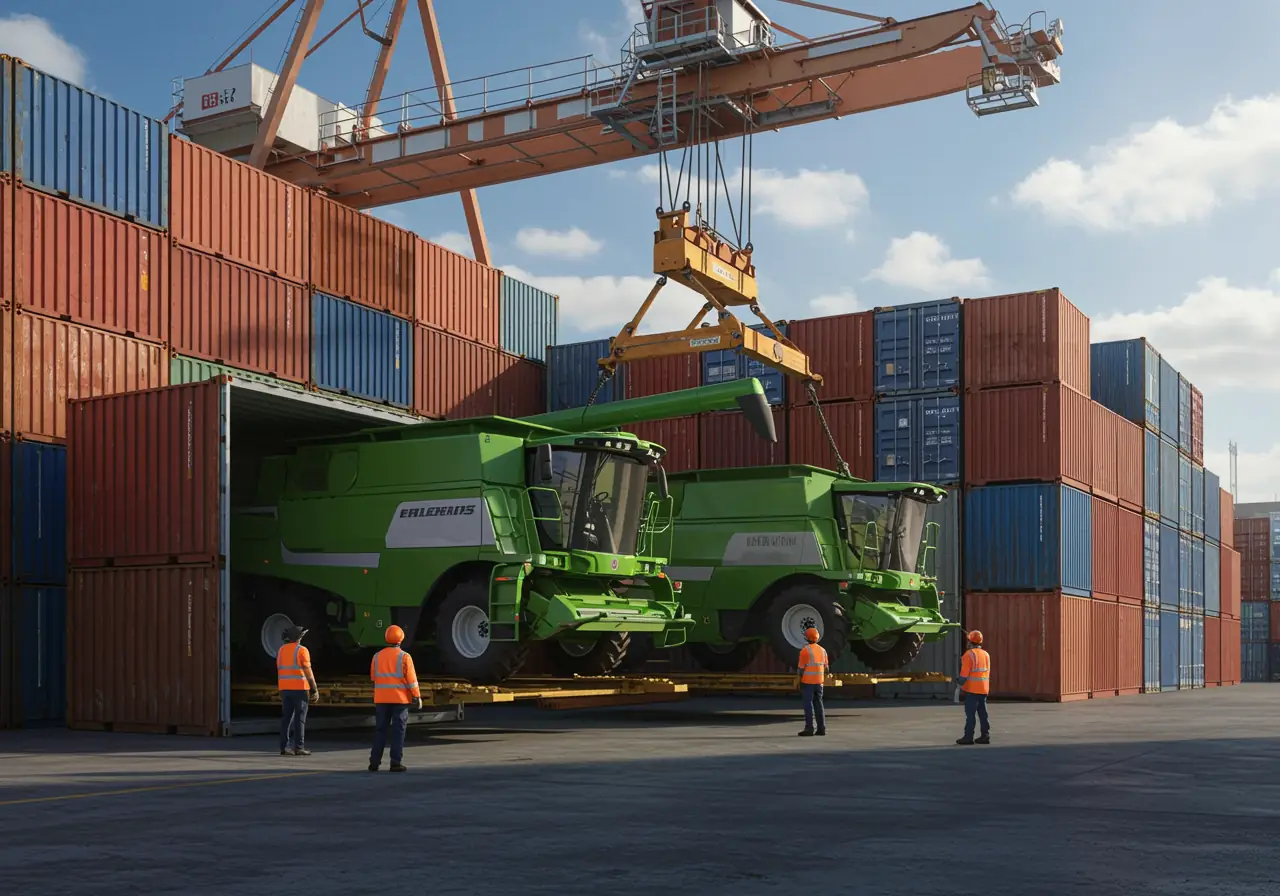 Combine harvesters being loaded onto shipping containers at an international logistics hub.