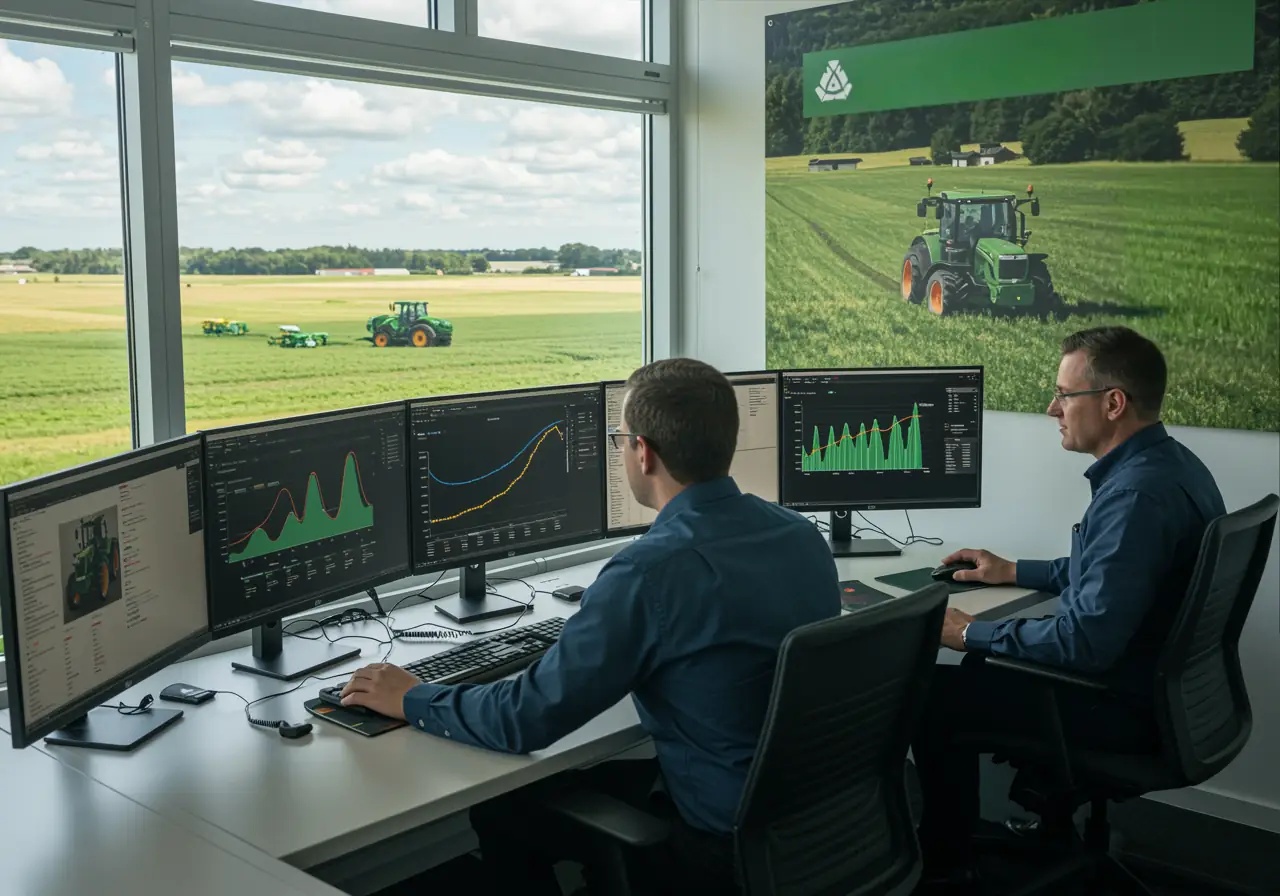 Agricultural managers analyzing digital dashboards with seasonal tractor usage forecasts.