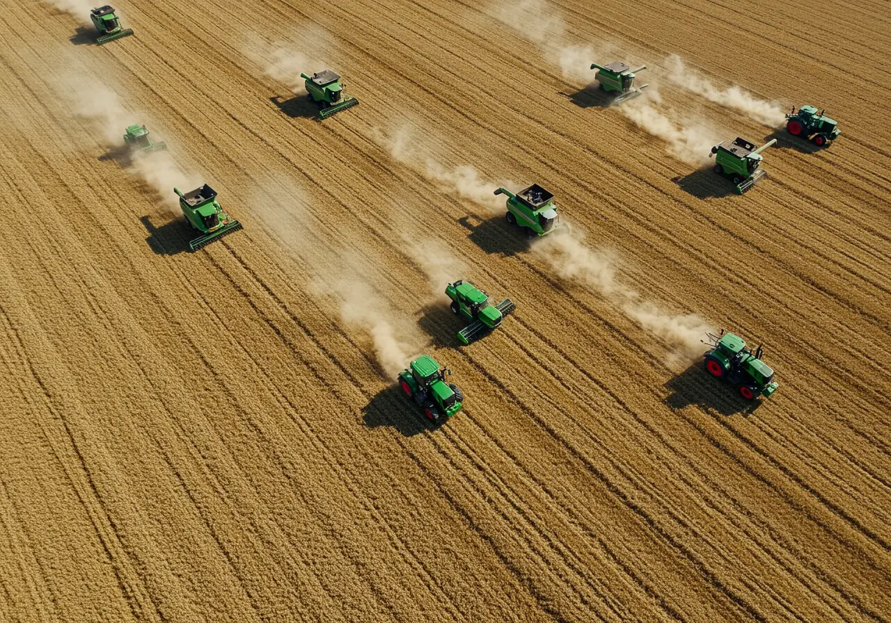 Aerial view of tractors and combines harvesting wheat fields during mid-season operations.