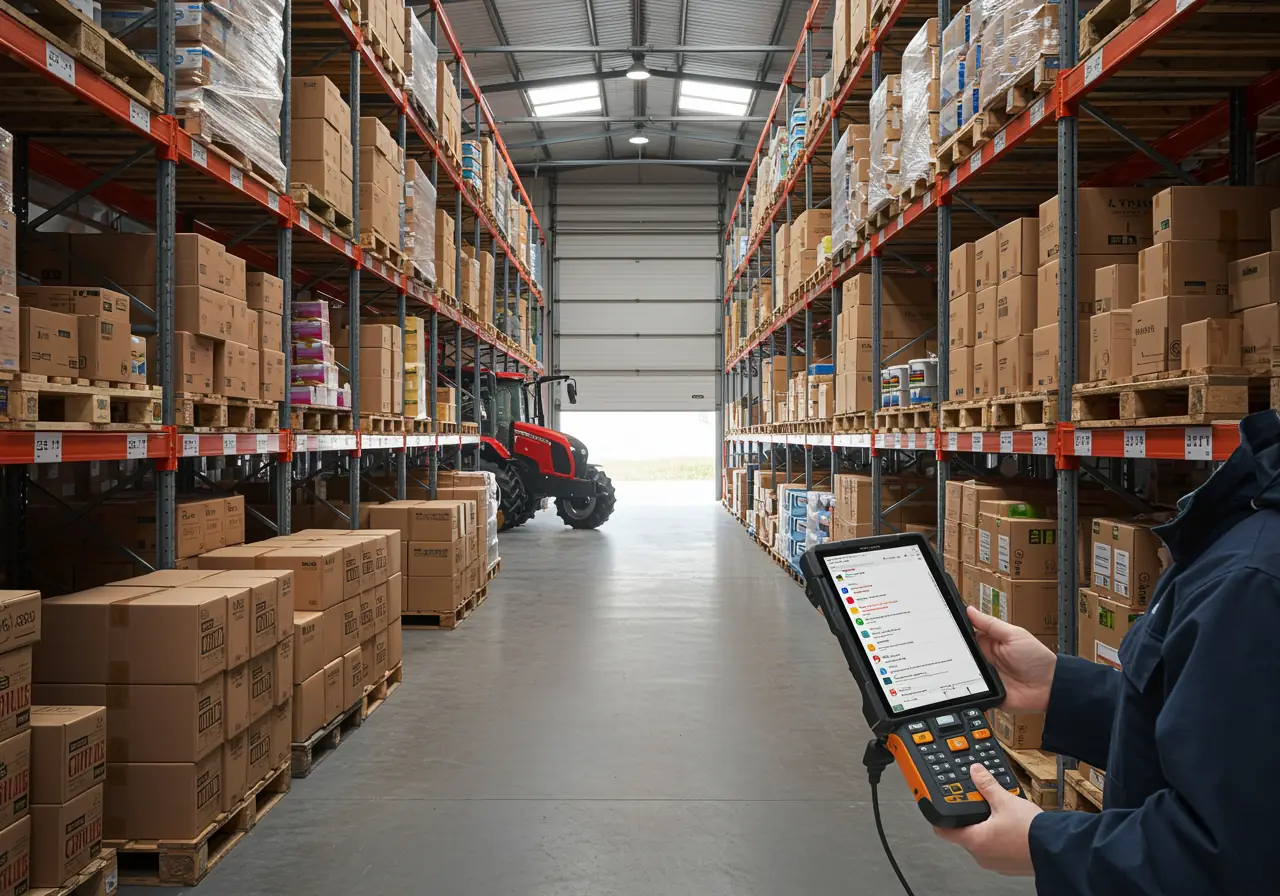Agricultural warehouse worker scanning farm inventory using digital management software.