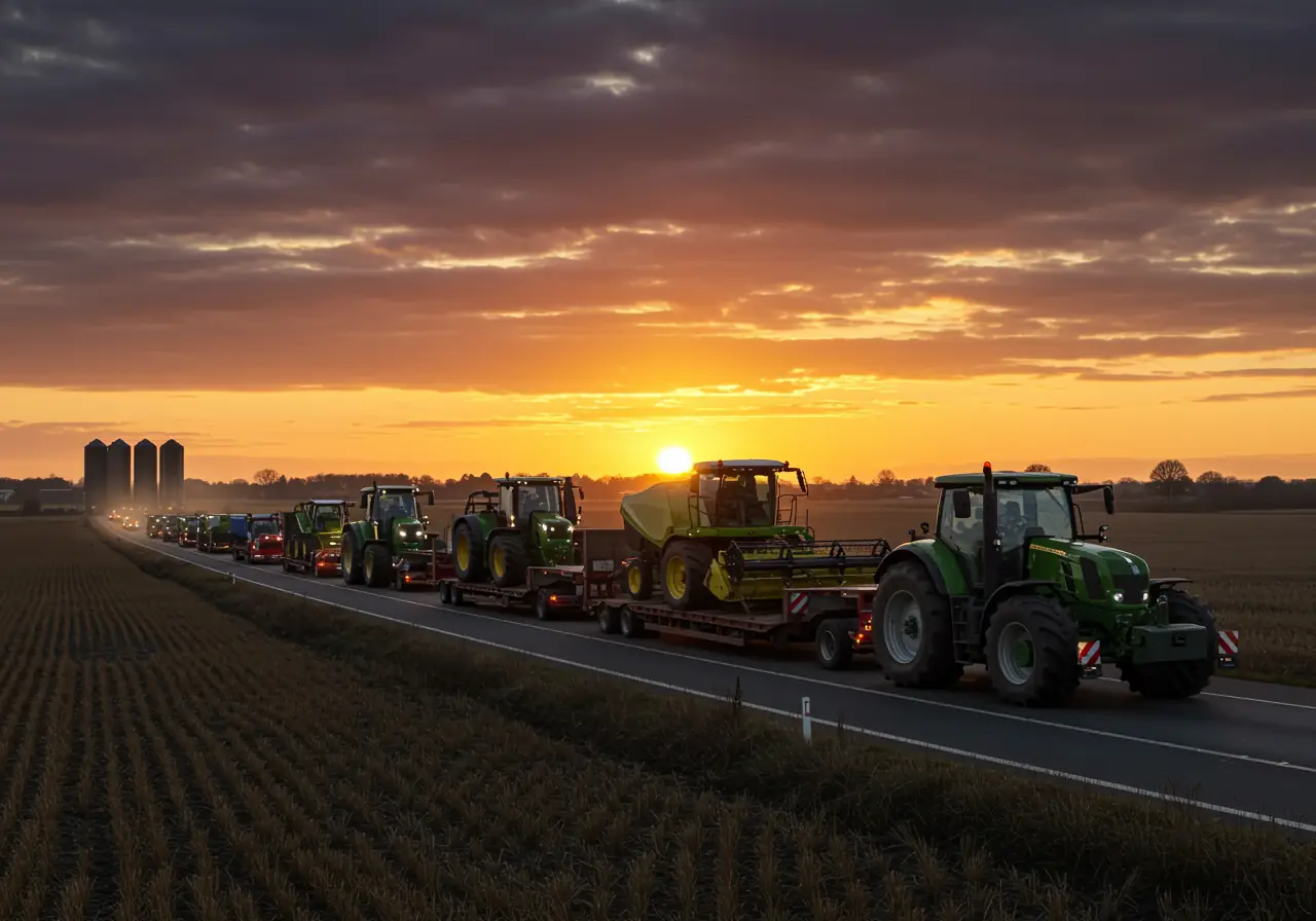 Convoy of flatbed trucks transporting tractors and combines along a rural highway at sunset.
