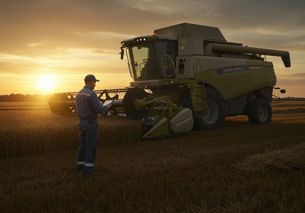 Agricultural field technician inspecting a combine harvester during sunset harvest season.