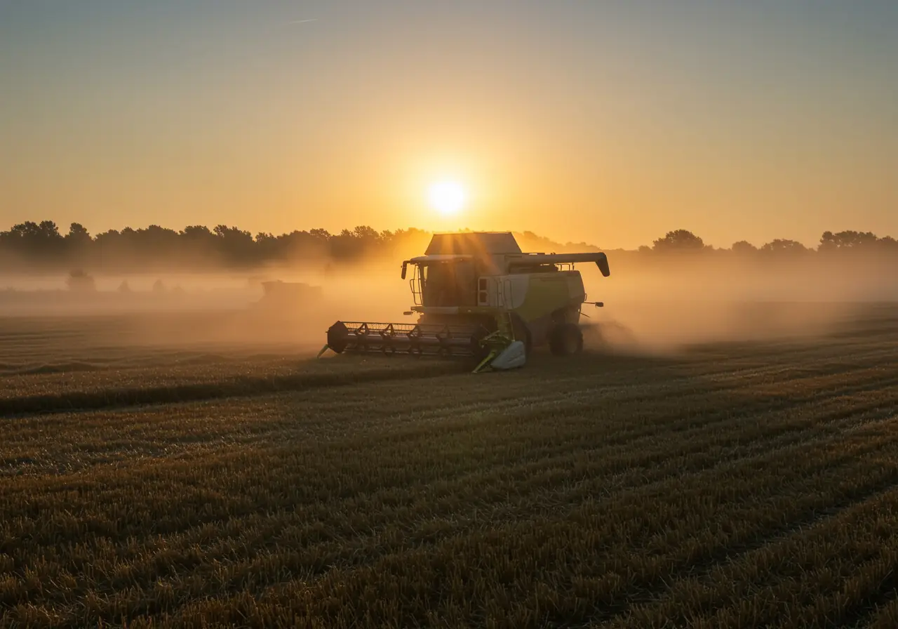 an ultra-realistic photo of a modern combine harvester working in a wheat field at sunrise with live diagnostics visible in the cab