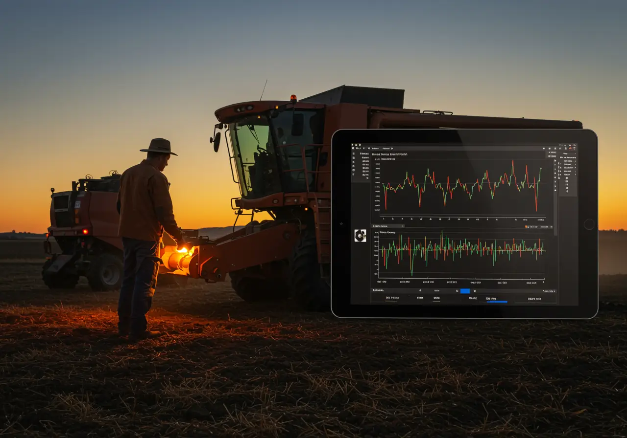 an ultra-realistic photo of a farmer beside a combine harvester at sunset viewing predictive maintenance data on a tablet