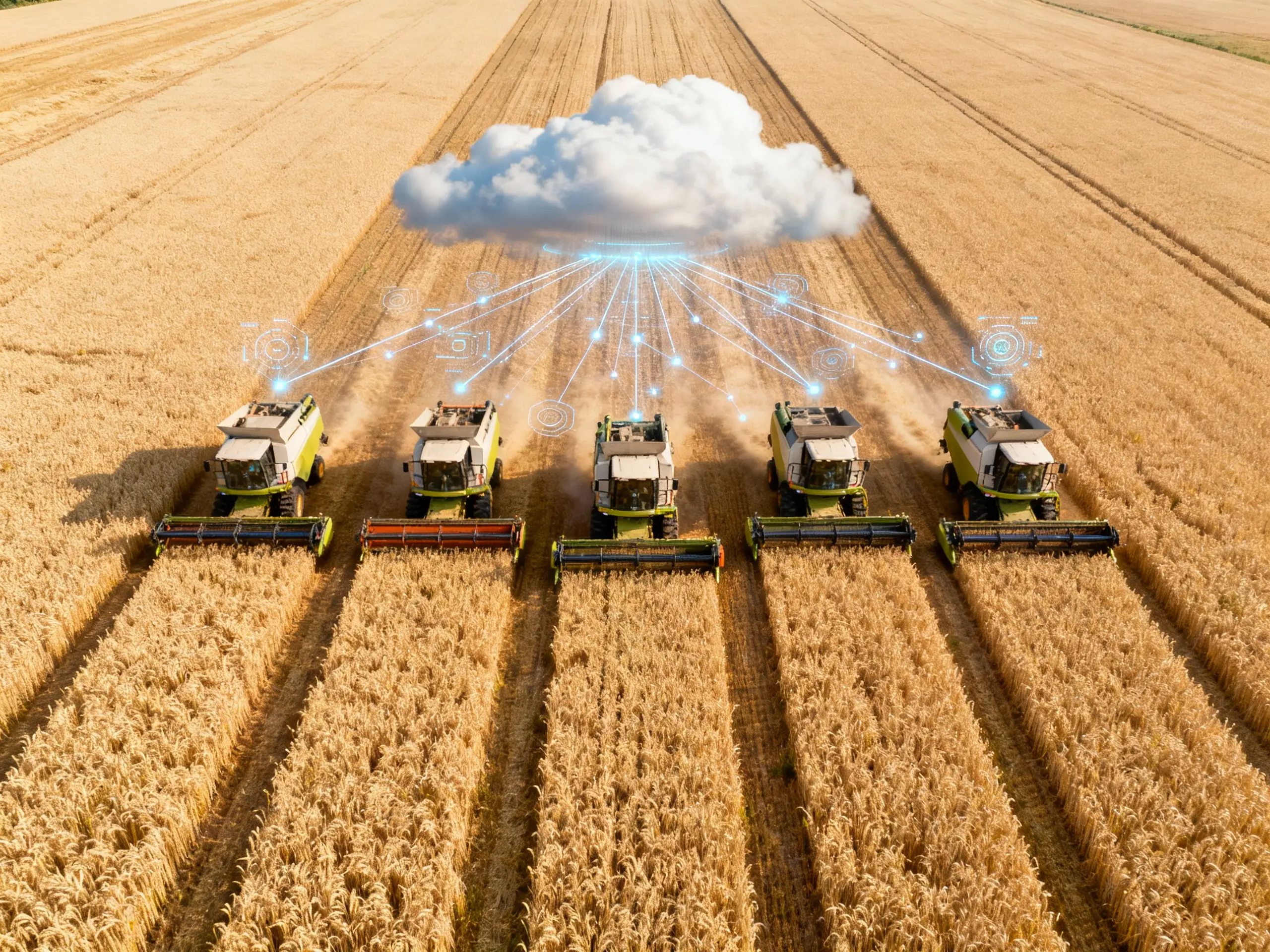 an ultra-realistic aerial photo of several combine harvesters working simultaneously with telematics data visualization overlay