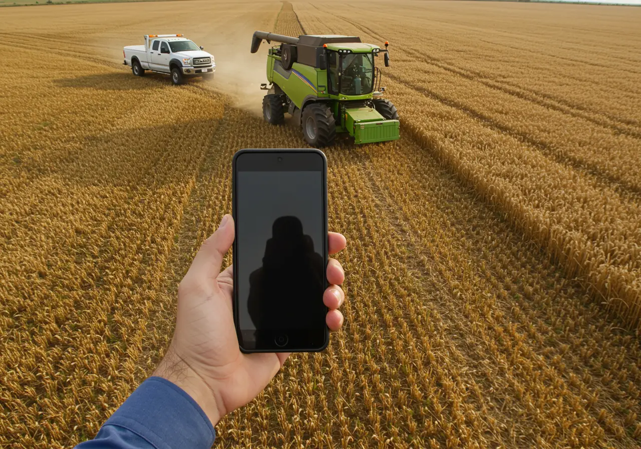 an ultra-realistic photo of a combine harvester stopped in a field while an operator reviews a predictive alert on a smartphone