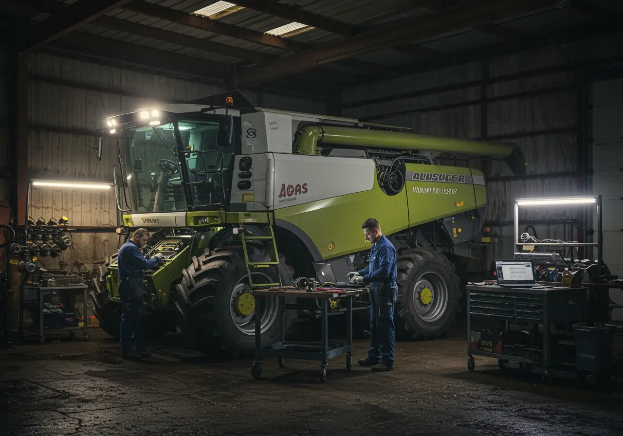an ultra-realistic photo of mechanics servicing a combine harvester indoors during rain with diagnostics displayed on a laptop
