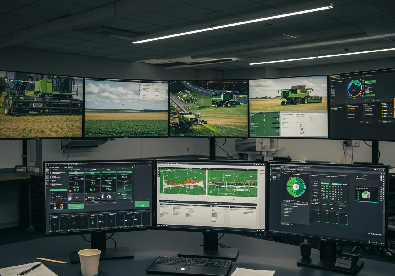 an ultra-realistic photo of a farm operations office showing predictive analytics dashboards monitoring combine harvesters