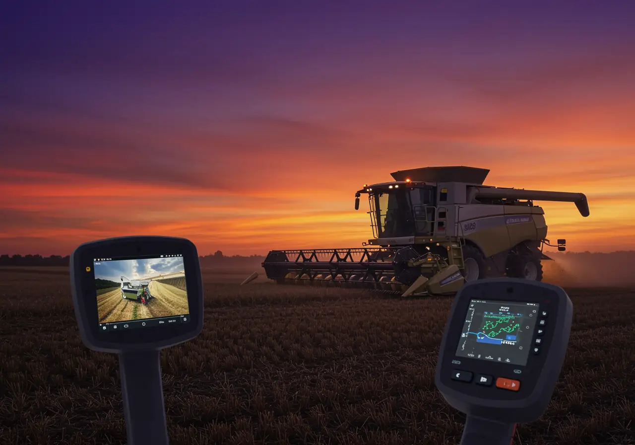 an ultra-realistic photo of an autonomous combine harvester using AI and predictive technology during twilight