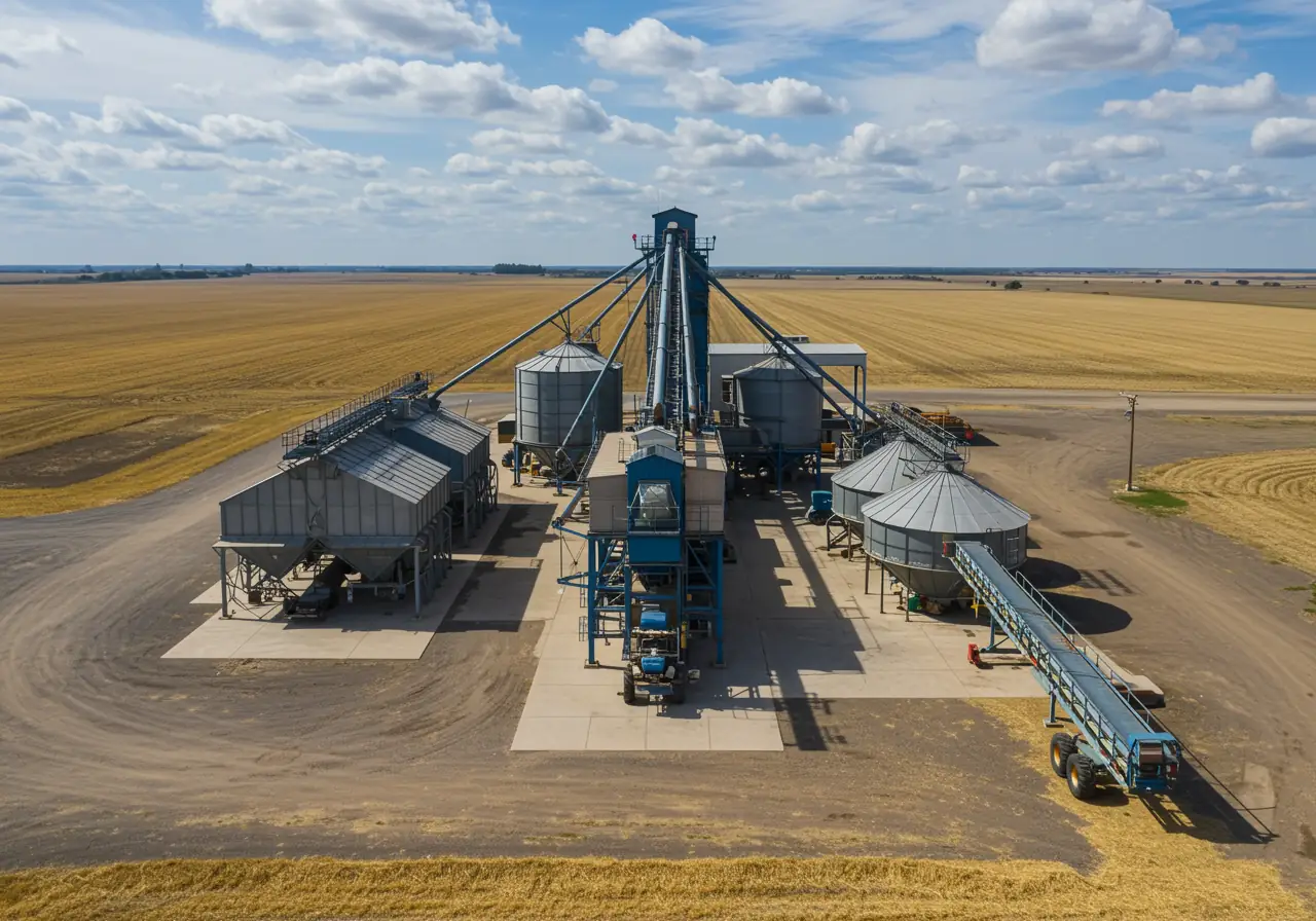Well-maintained grain facility with organized operations showing successful downtime prevention through proper planning