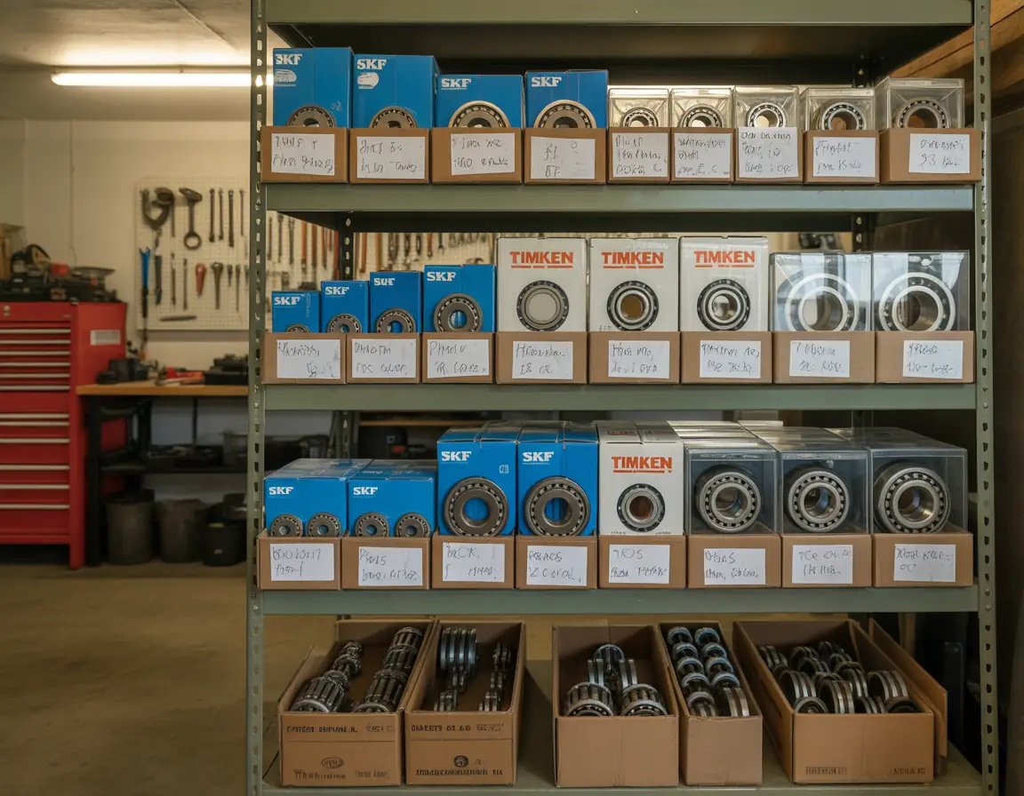 Organized farm workshop shelf displaying inventory of seeder bearings in original packaging for quick access