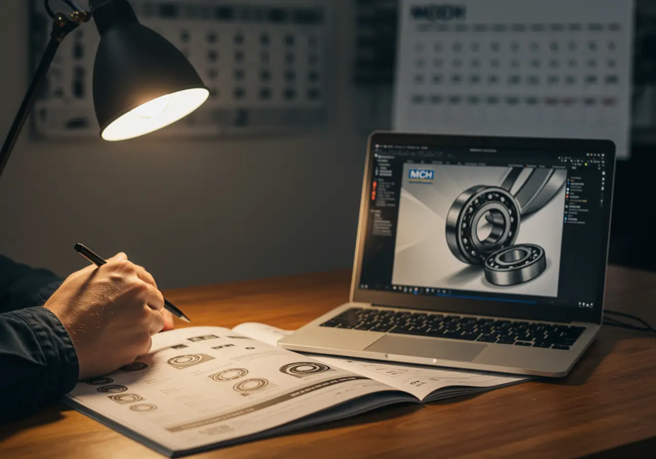 Open bearing catalog and computer screen showing parts cross-reference process for seeder component sourcing