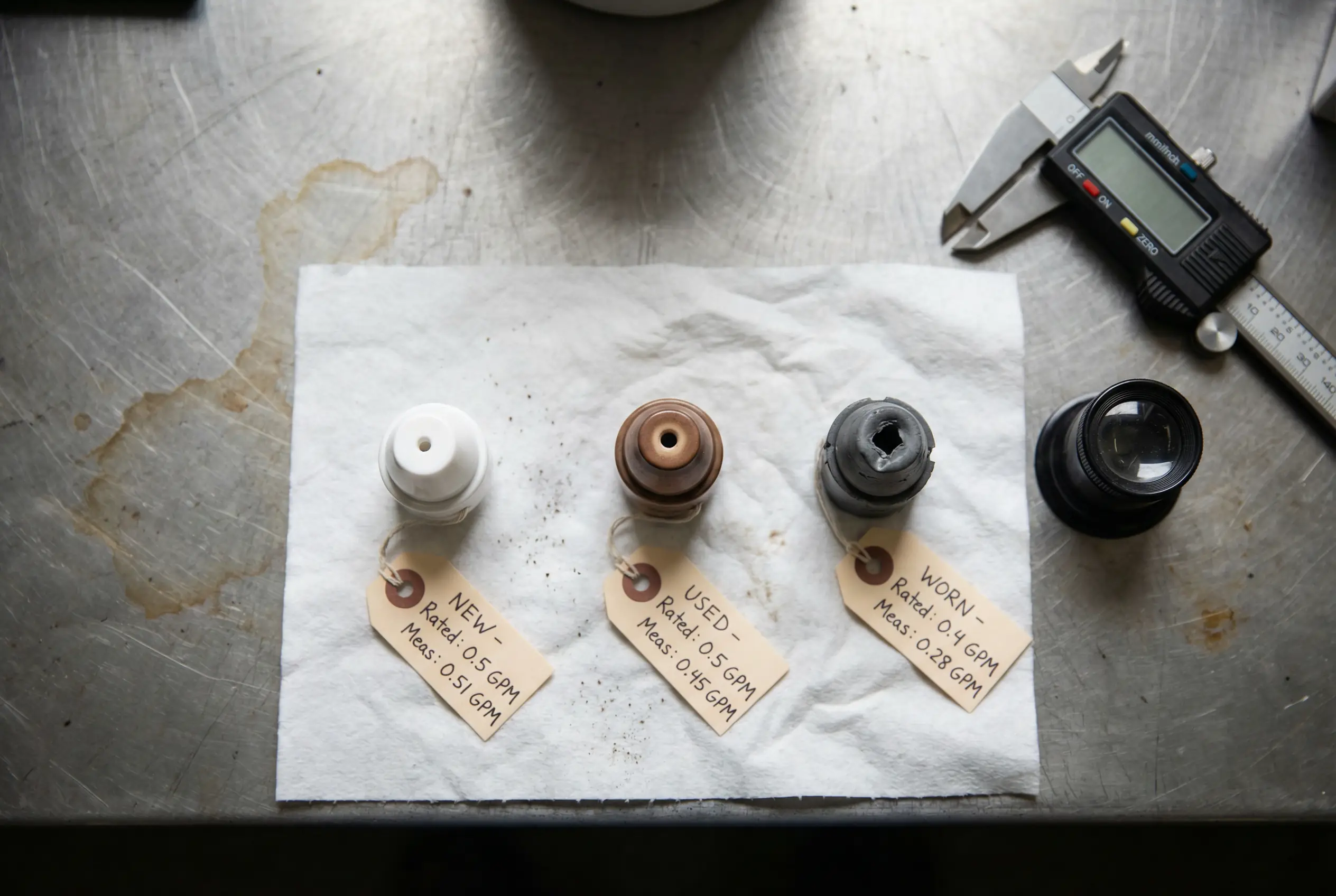 Three spray nozzles on a workbench showing new versus worn tips with tags noting rated and measured output.