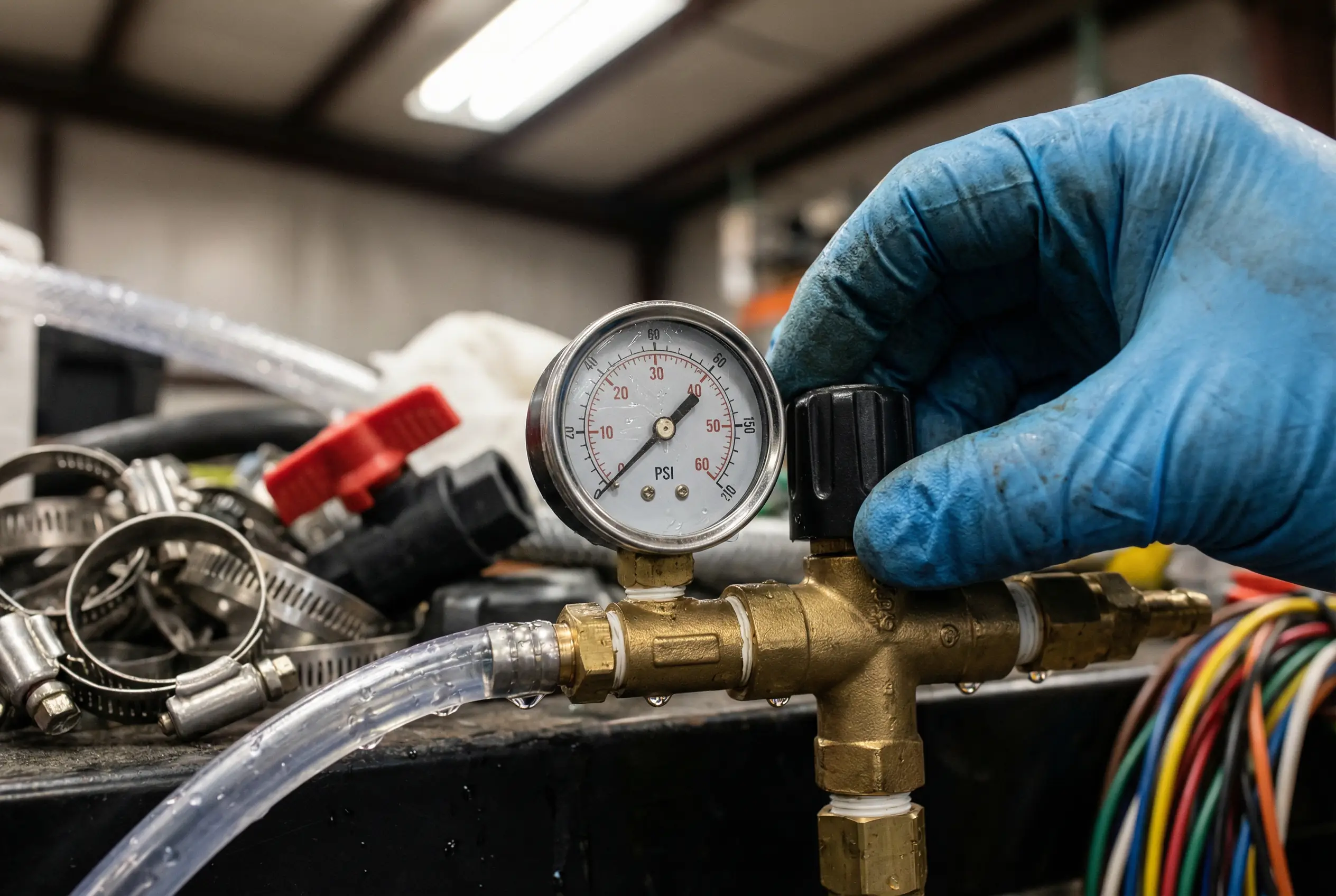 Close-up of a sprayer pressure gauge and regulator being adjusted by a gloved hand during calibration.